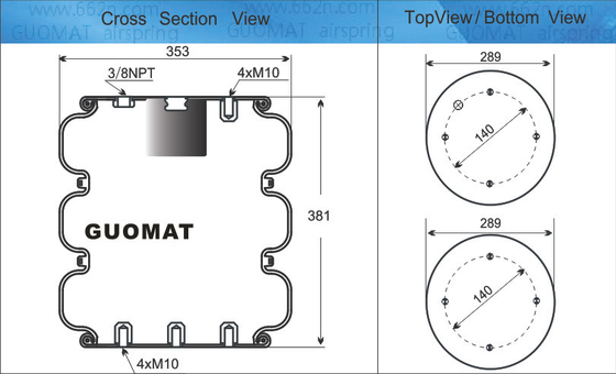 Industrial Air Spring 4xM10 Screw GUOMAT NO. 3B7383-3/8 Bellow No.3B383 Natural Diameter 351mm