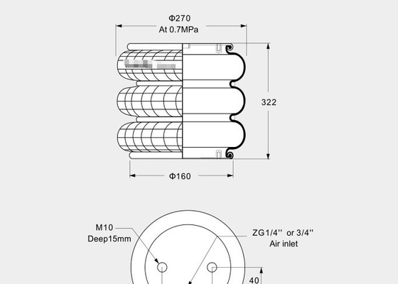 255322J-3 Industrial Air Spring Triple Convolutions Air Lift Bag​ 0.7Mpa Max 270mm