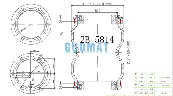 DIA.135MM 2B5814 Air Spring Bags / Car Air Ride Alternative Steel Spring Shock Absorber